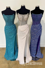 Black Sequins Prom Dress Strapless Mermaid Evening Gown Long with Slit