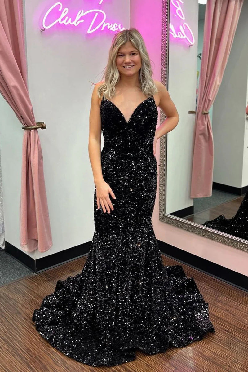 Black Velvet Sequins Prom Dresses 2025 Mermaid V Neck Formal Dress Long - MyChicDress