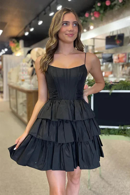 Black Sleeveless A-Line Tiered Satin Homecoming Dress with Ruffles