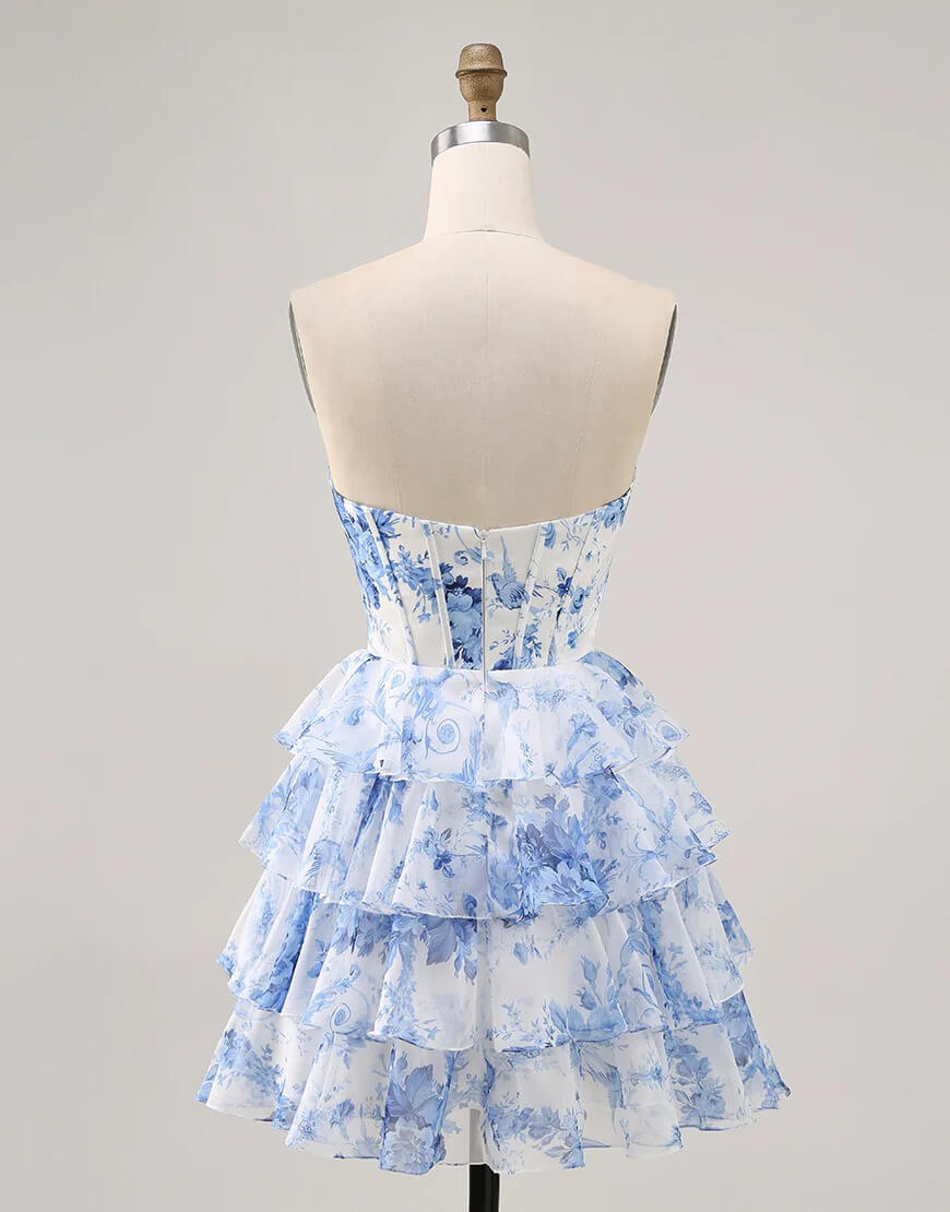 Blue Floral Short Prom Dresses Corset Tiered Homecoming Dress
