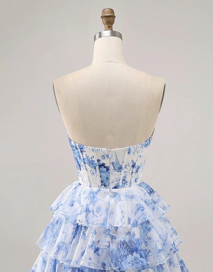Blue Floral Short Prom Dresses Corset Tiered Homecoming Dress