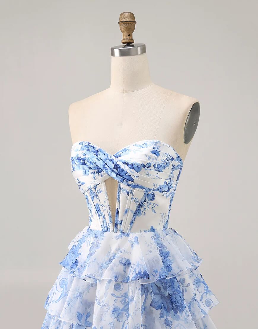Blue Floral Short Prom Dresses Corset Tiered Homecoming Dress