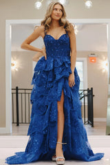 Blue Ruffle Tiered Prom Dresses Tulle Sequin Sweetheart Long Formal Gown