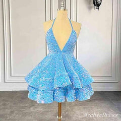 2024 Blue Sequin Homecoming Dresses Sleeveless V Neck A Line Cocktail Dresses