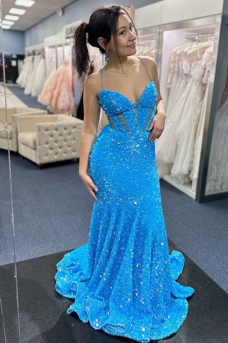Blue Iridescent Sequin Prom Dress Straps Mermaid Long - MyChicDress
