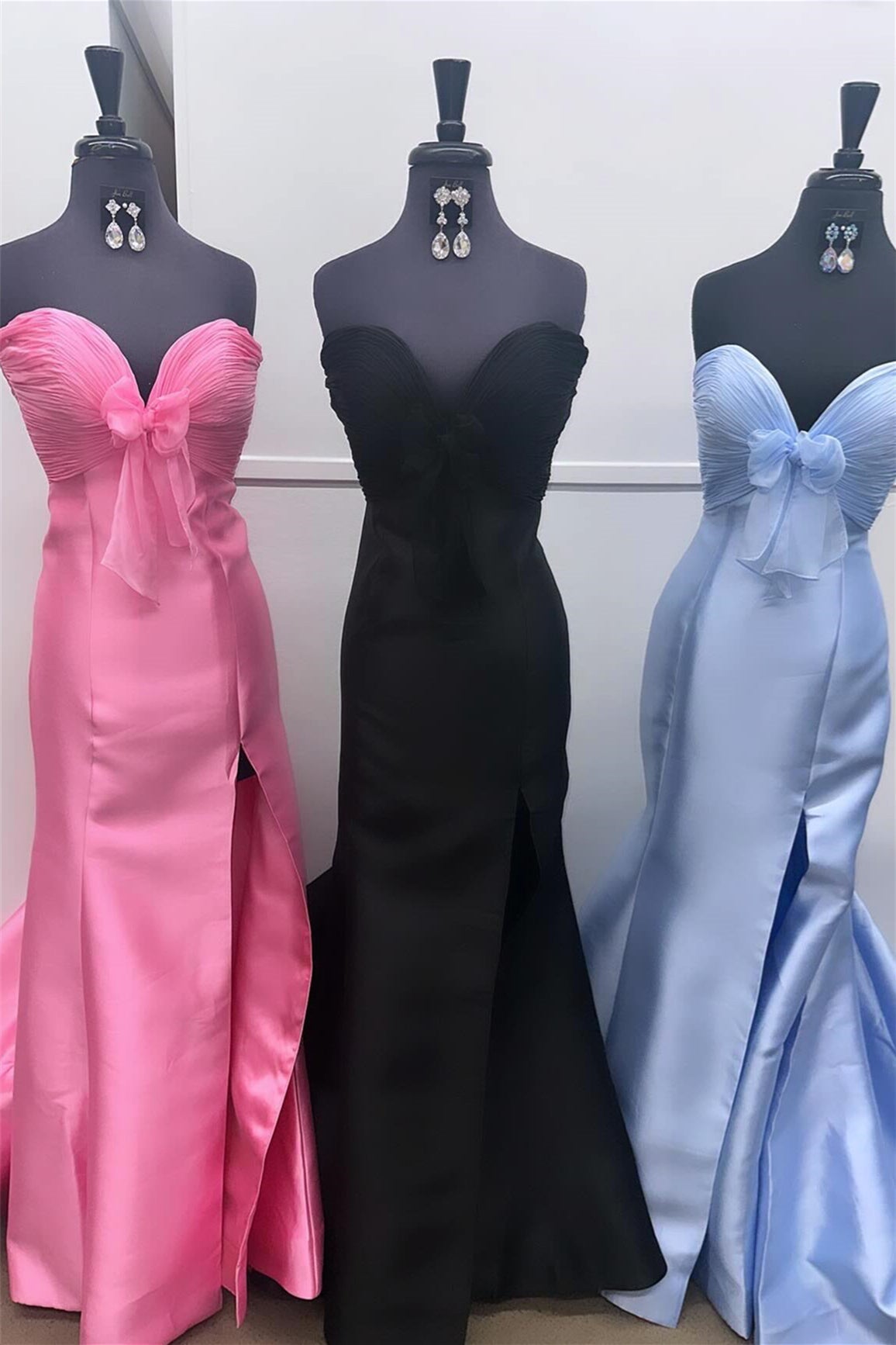 Mermaid Satin Prom Dress Strapless Evening Dress with Tulle Bow mychicdress