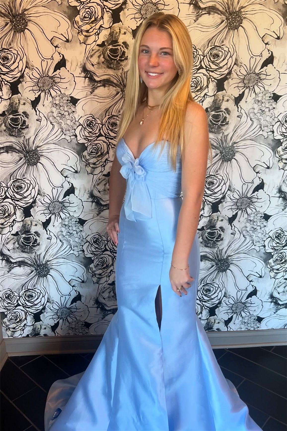 Blue Mermaid Satin Strapless Evening Dress with Tulle Bow mychicdress