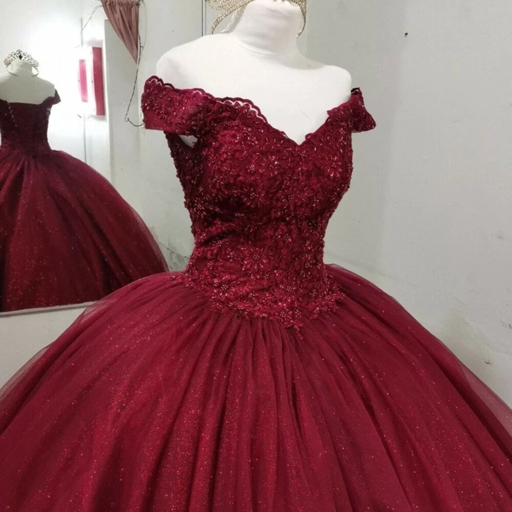Hot Burgundy Ball Gown Sequin Wedding Dresses Lace Quince Dresses