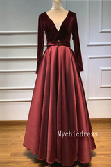 Burgundy Long Sleeves Prom Dresses 2025 with Pocket V Neck Evening Dresses MyChicDress