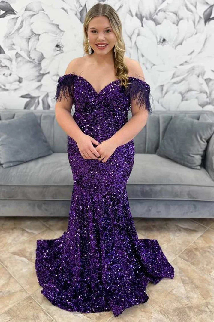 Sequin Plus Size purple Prom Dresses Mermaid Feather