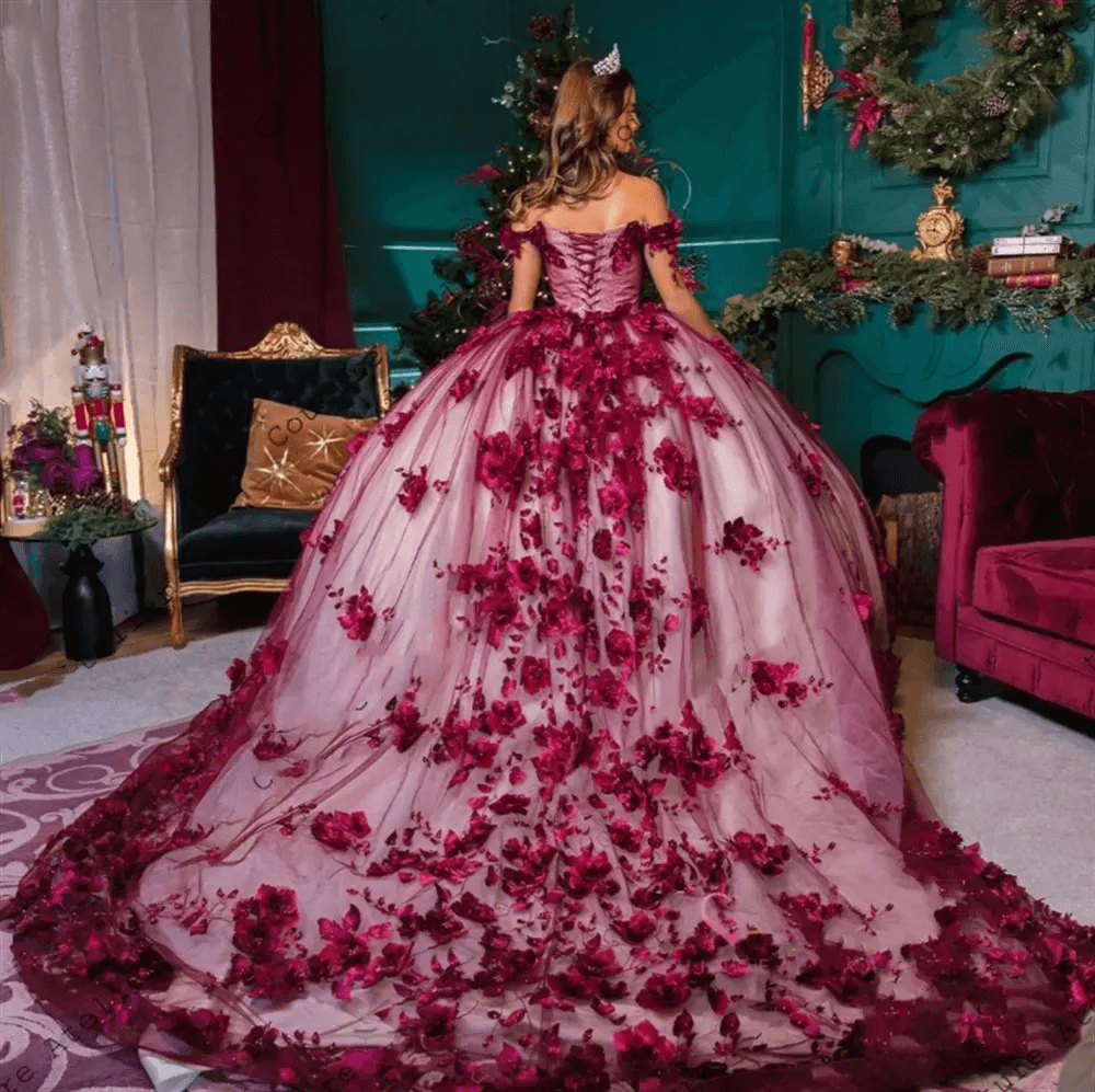 Burgundy vestidos de quinceanera 15 16 Dresses 3D floral Birthday Gowns - MyChicDress