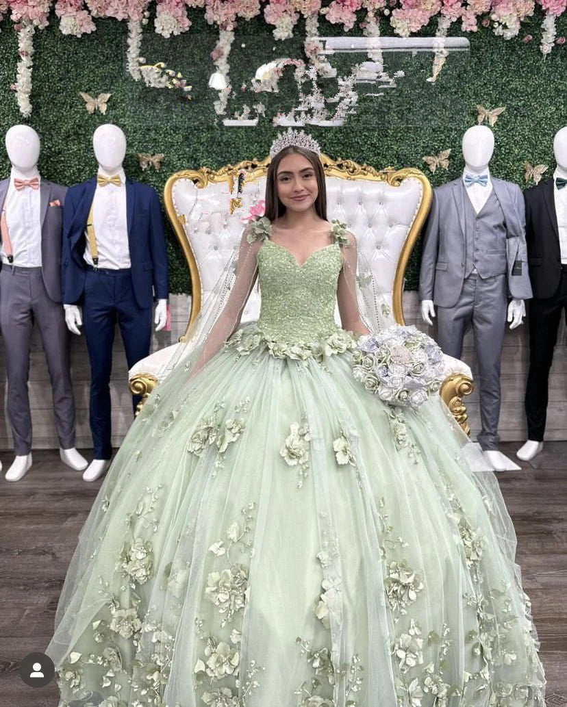 Cheap 3D Flowers Plus Size Sage Green Quinceanera Dresses 2024 MyChicDress