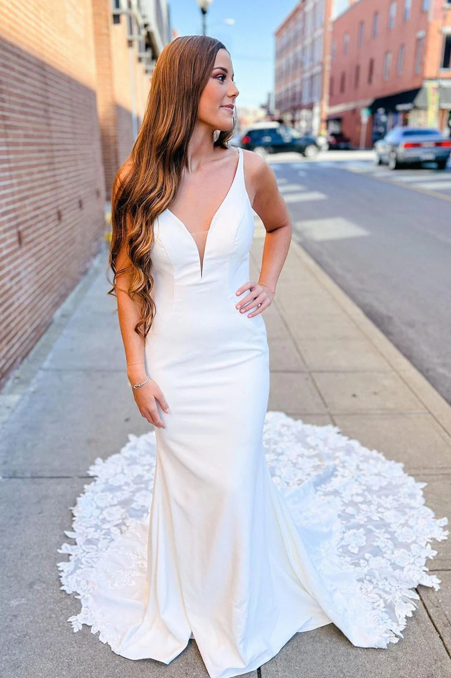 Cheap Boho V-Neck White Satin Wedding Dress Mermaid with Appliques MyChicDress