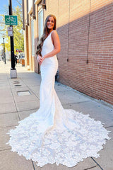 Cheap Boho V-Neck White Satin Wedding Dress Mermaid with Appliques MyChicDress