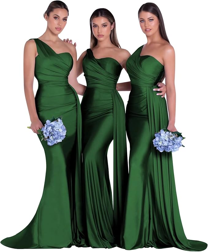 Barato vestido de dama de honra verde de um ombro longo vestido de convidado de casamento