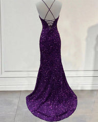 Cheap Dark Purple Prom Dress Sequin Mermaid Formal Evening Dress Split MyChicDress