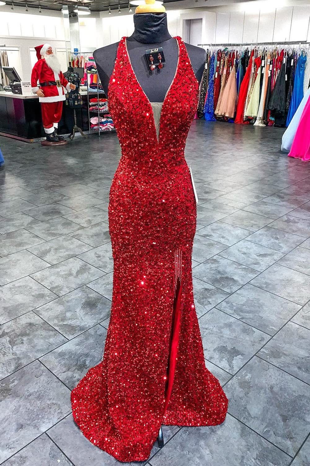 Cheap Red Halter Sequins Prom Dresses Long Formal Gowns with Tassel - MyChicDress