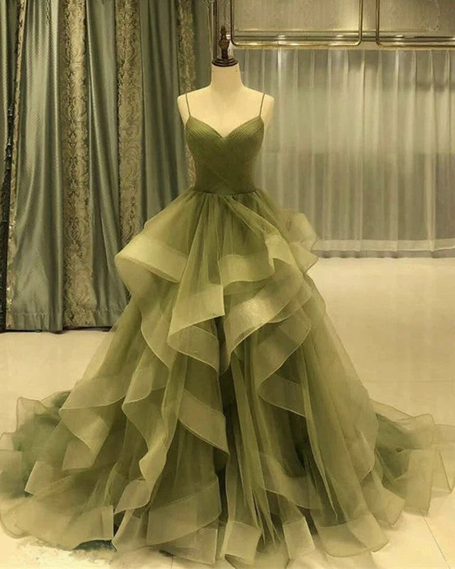 Cheap Sage Green Quinceanera Dresses Organza Ruffles with Spaghetti Straps MyChicDress