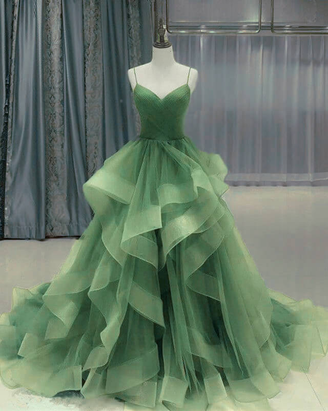 Cheap Sage Green Quinceanera Dresses Organza Ruffles with Spaghetti Straps MyChicDress