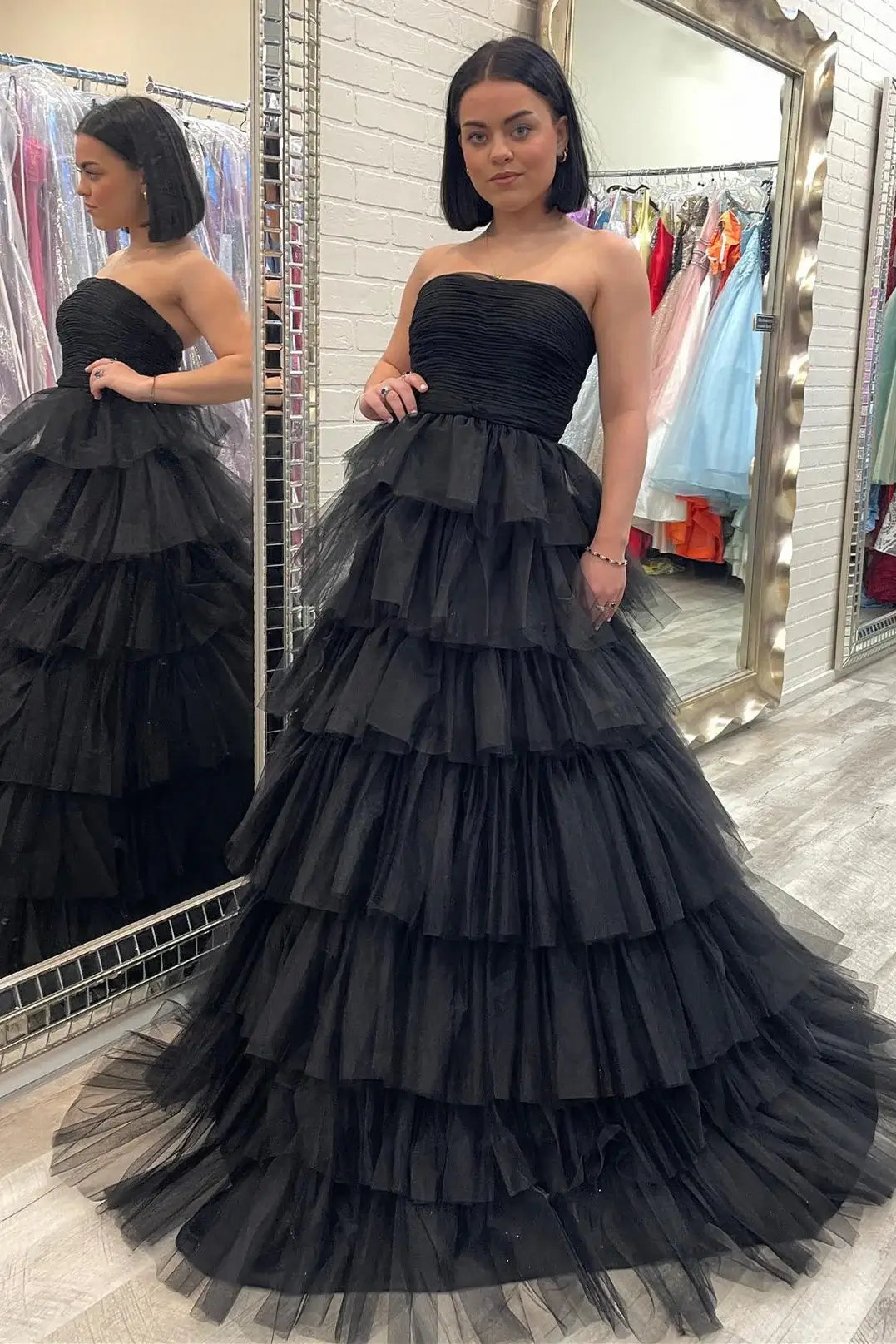 Cheap Strapless Black Tulle Prom Dress with Pleated Multi-Layers