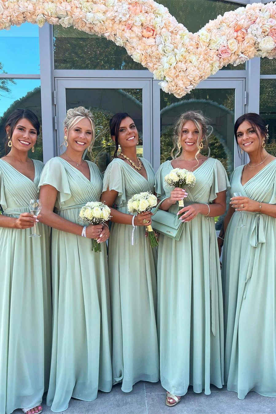 Cheap V-Neck Sage Green Bridesmaid Dress UK Pleated Chiffon Party Dress MyChicDress