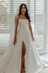 Cheap White Satin Wedding Dresses A-Line Strapless with Slit MyChicDress