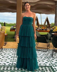 Cheap Dark Green Long prom dresses Straples Formal Gown