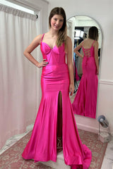 Cheap 2025 Hot Pink Satin Long Mermaid Prom Dresses