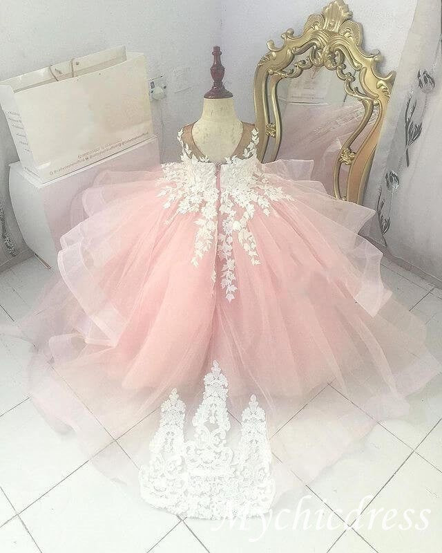 Cheap Ball Gown Pink Flower Gril Dresses White Lace Applique - MyChicDress