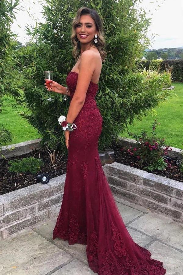 Cheap Long Burgundy Prom Dress Lace Sweetheart Mermaid Strapless - MyChicDress