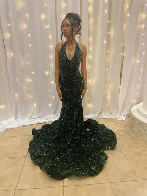 Cheap Long Halter Emerald Green Prom Dresses Sequin Party Formal Dress - MyChicDress