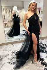 Cheap 2025 One shoulder Black Prom Dresses Sequin long Formal Gown