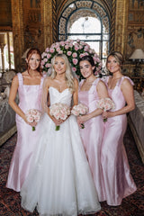 Cheap Pink Long Satin Boho Bridesmaid Dress with Bow Straps