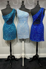 Cheap Royal Blue 2024 Homecoming Dresses Sequin One Shoulder Short Hoco Dress