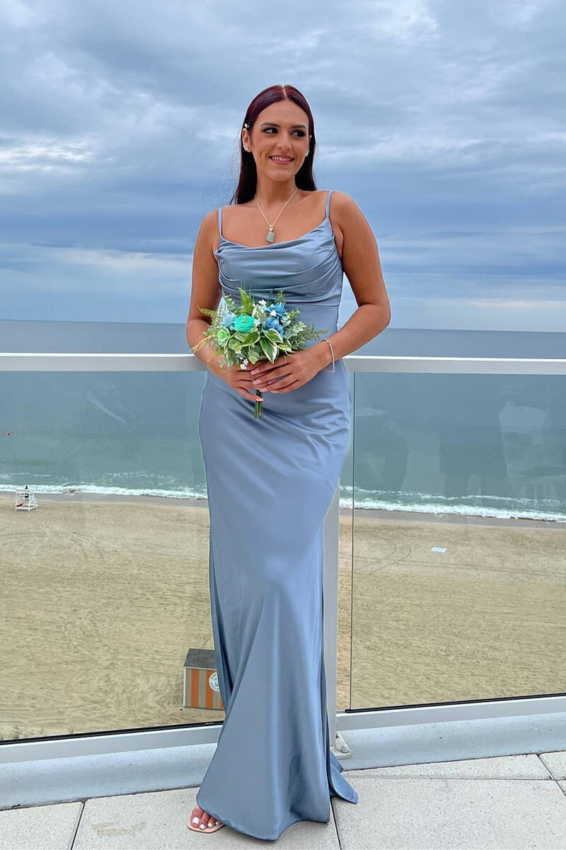 Cheap Satin Dusty Blue Wedding Guest Dress Long Formal Dress Cowl Neck - MyChicDress