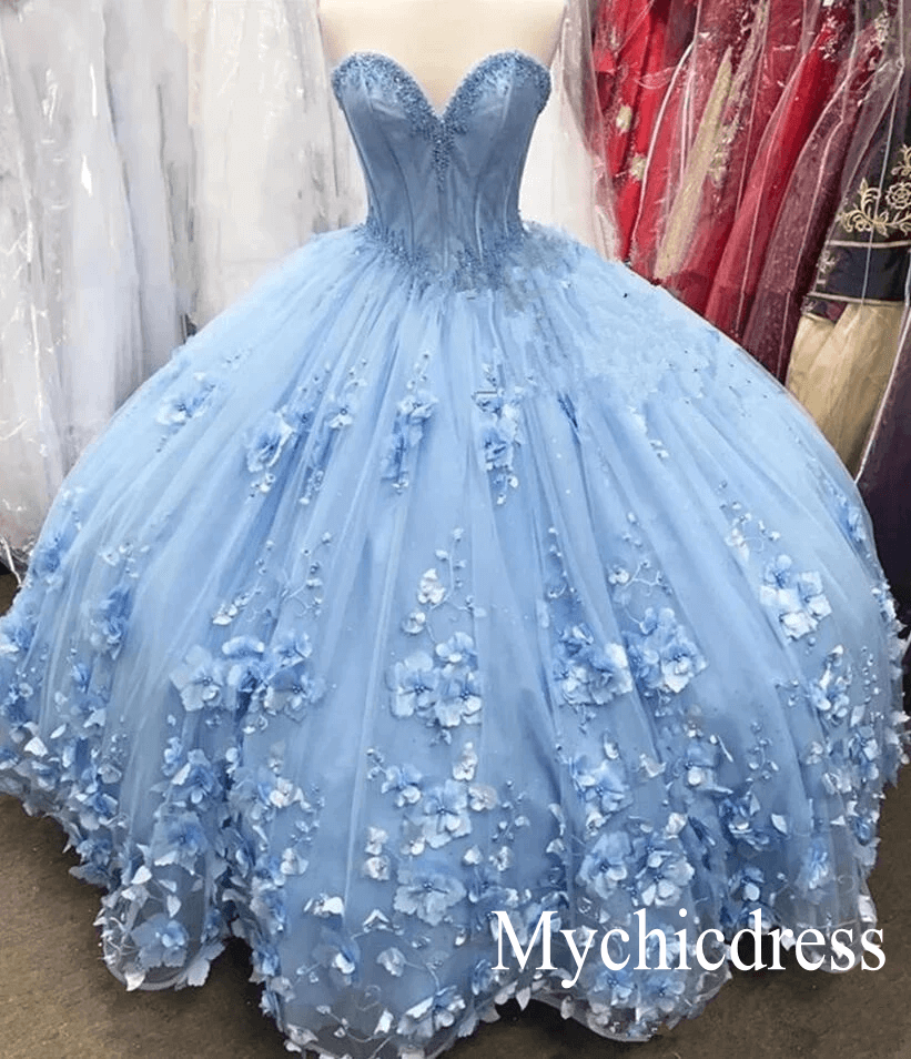 Cheap Sky Blue Quinceanera Dresses Beaded Off the Shoulder with 3D Flowers