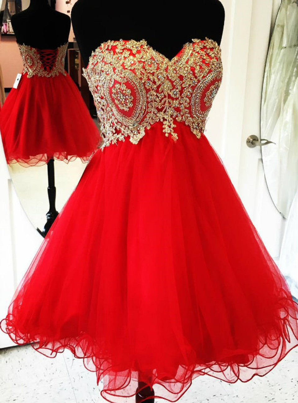 Cheap Red Homecoming Dresses Gold Applique Party Sweet 16 Dress - MyChicDress
