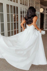 Cheap White Satin Minimalist Wedding Dresses A-Line Strapless with Slit