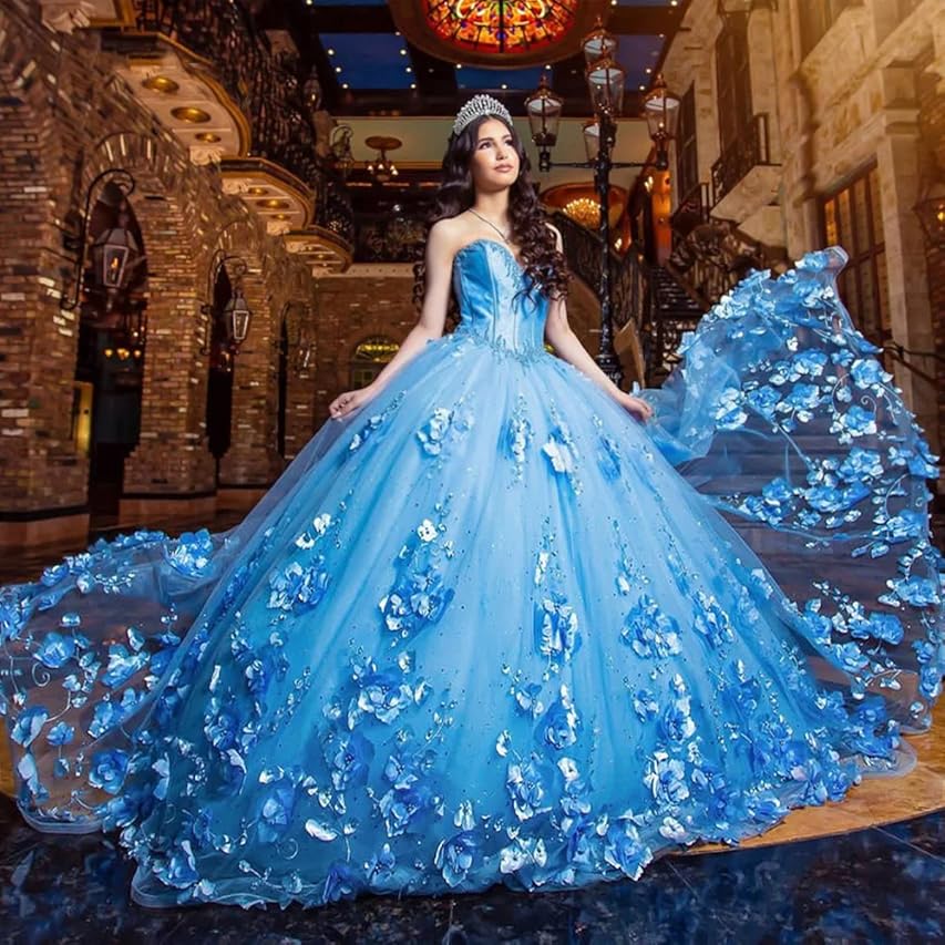 Vestidos baratos de quinceanera azul celeste com contas no ombro e flores 3D