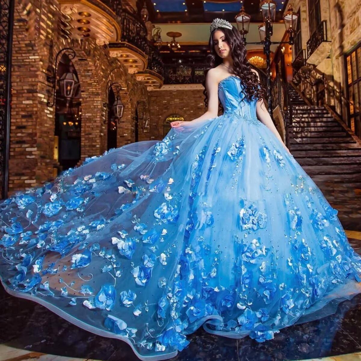 Vestidos baratos de quinceanera azul celeste com contas no ombro e flores 3D