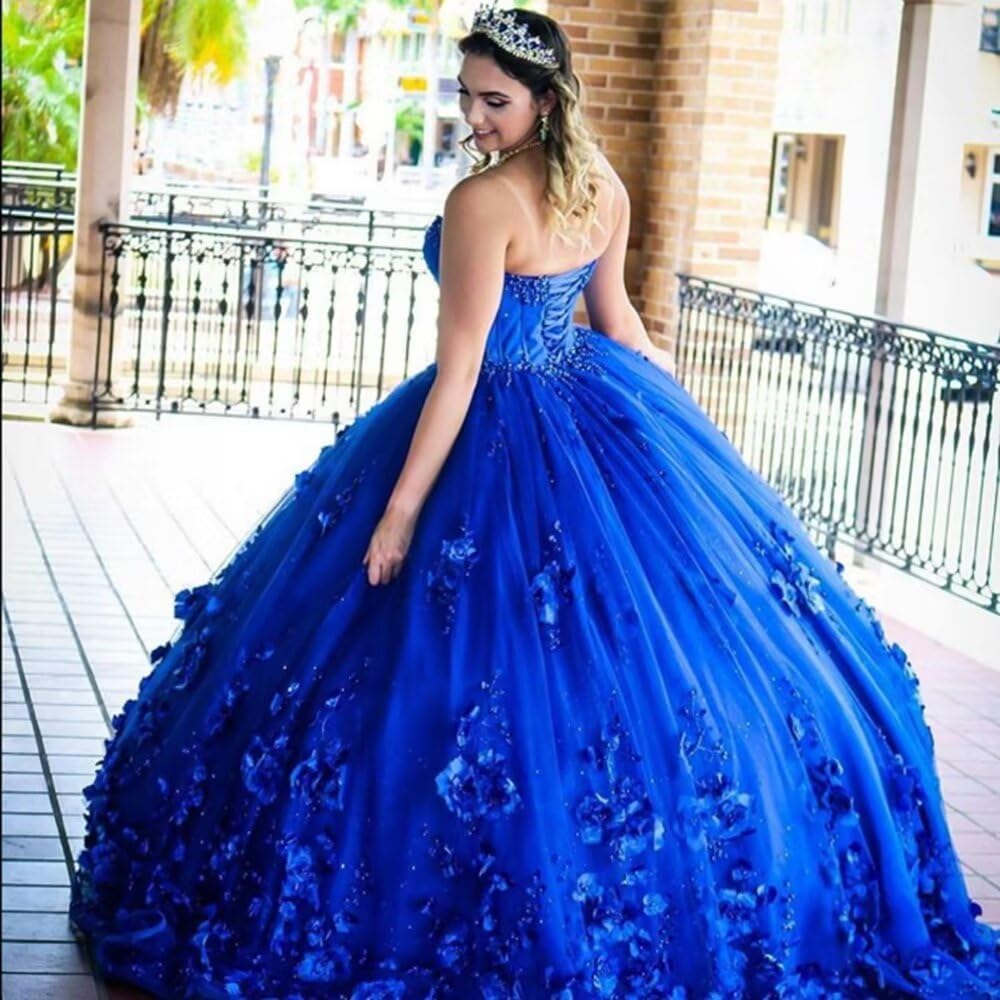 Vestidos baratos de quinceanera azul celeste com contas no ombro e flores 3D