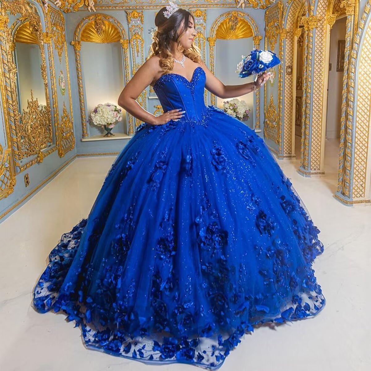 Vestidos baratos de quinceanera azul celeste com contas no ombro e flores 3D