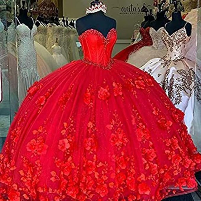 Cheap red Quinceanera Dresses Beaded Off the Shoulder with 3D Flowers