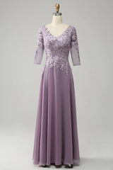 Chiffon Long Lavender Mother of the Bride Dress V Neck Appliques MyChicDress