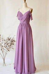 Chiffon Dusty Purple Wedding Guest Dress Straps Long Bridesmaid Dress