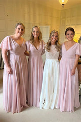 Chiffon Long Pink Bridesmaid Dress A-Line V-neck Wedding Party Dress