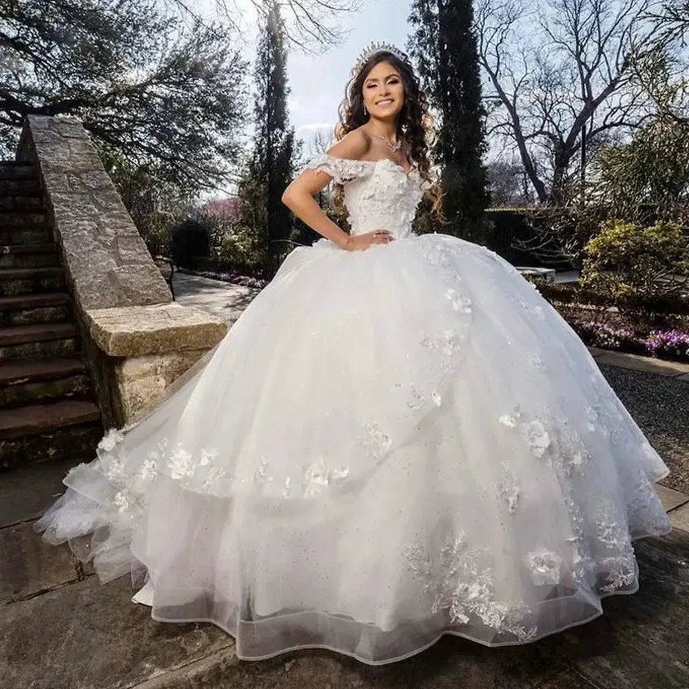 Corset Lace Quinceanera Dresses White with 3D Flowers Appliques Ruffles
