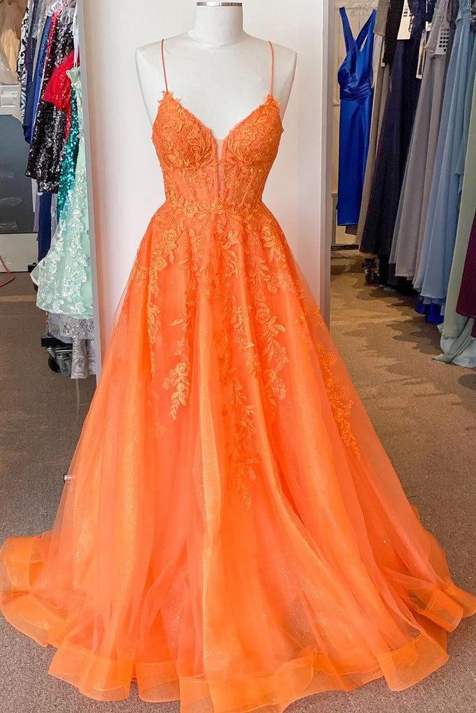 2025 Corset Orange Prom Dress Lace A Line Spaghetti Straps Appliques - MyChicDress