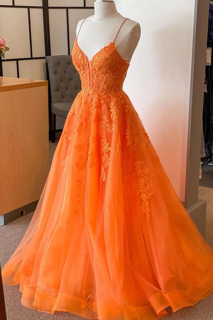 Corset Orange Prom Dress Lace A Line Spaghetti Straps Appliques