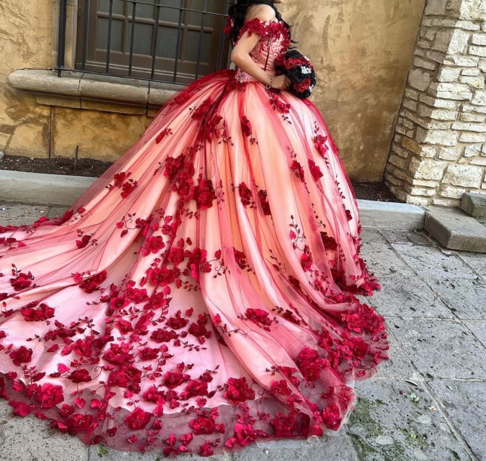 Custom Made Quinceanera Dresses 3D Flower Red Lace  Off the Shoulder MyChicDress